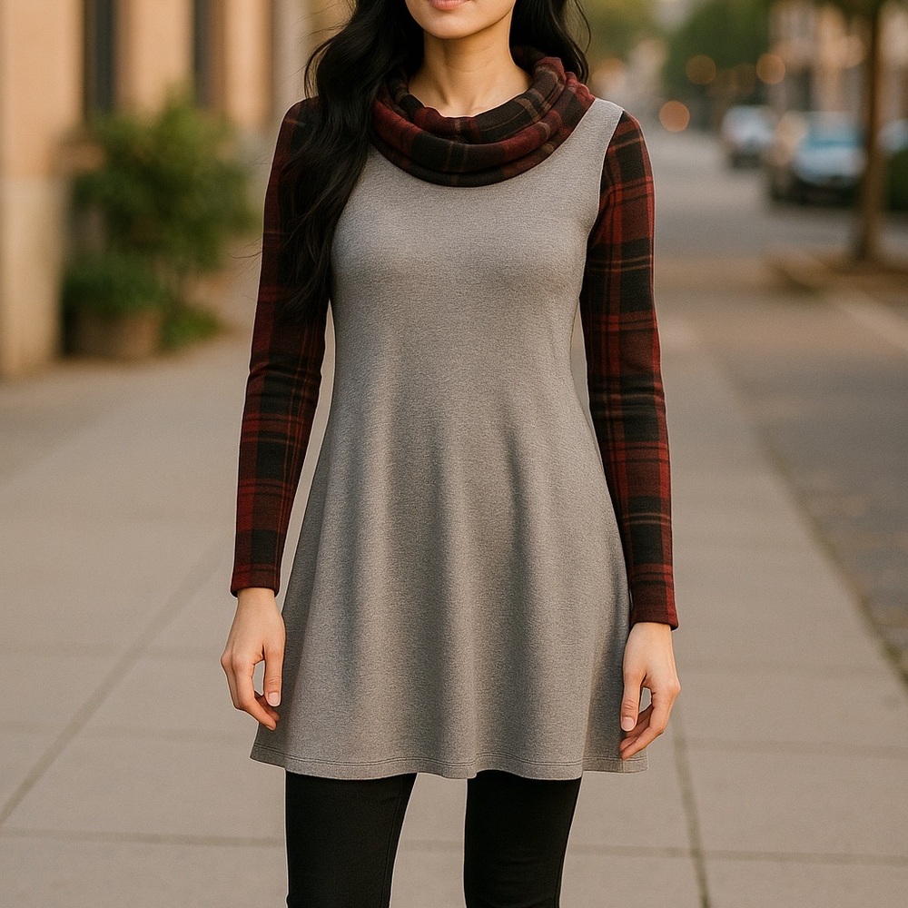 🌸 12pm by Mon Ami Gray Cowl Neck Pullover – Red & Black Plaid Sleeves Small
